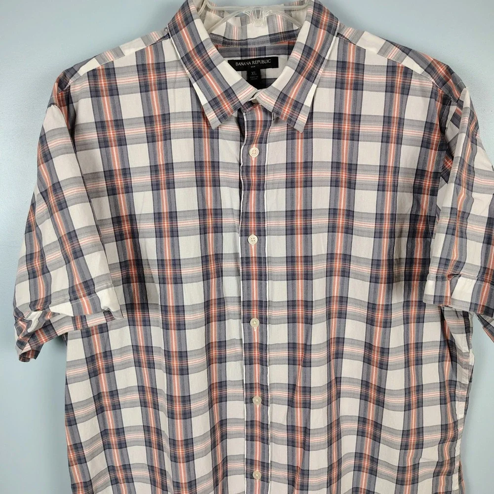 Banana Republic Mens XL Short Sleeve Plaid Shirt Grey Orange Cotton Dadcore